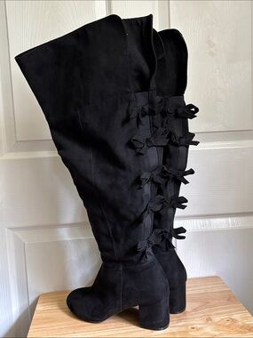 TORRID Black Faux Suede Bow Over The-Knee Boot Almond Toe 10.5 EXTRA WIDE WIDTH